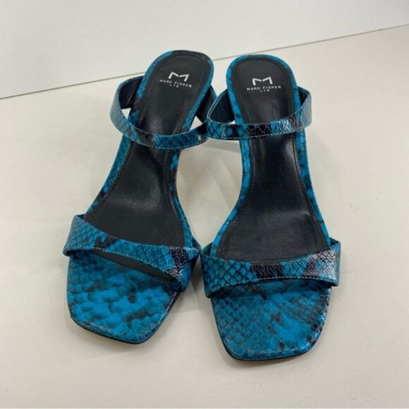 Marc Fisher LTD Womens Heeled Sandals 7M Blue Leather Snake Print Slip On - Picture 8 of 10